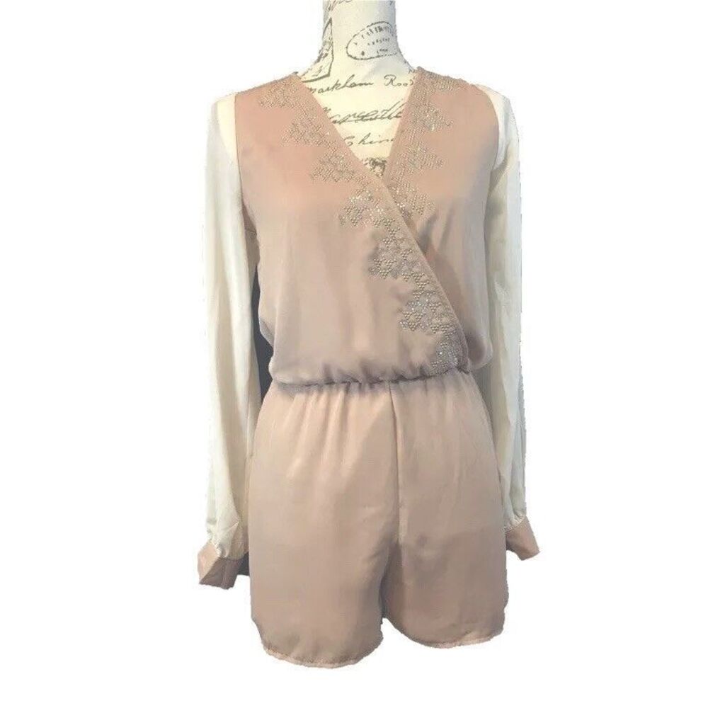 Marineblu Romper Small‎ Beige Cream Long Sl Wrap Open Back Rhinestone One Piece